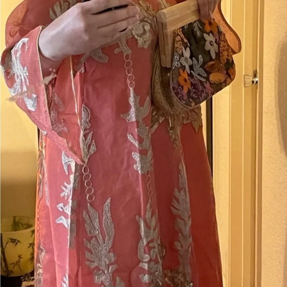 Elegant Coral Floral Embroidered Dress - Picture 5 of 9